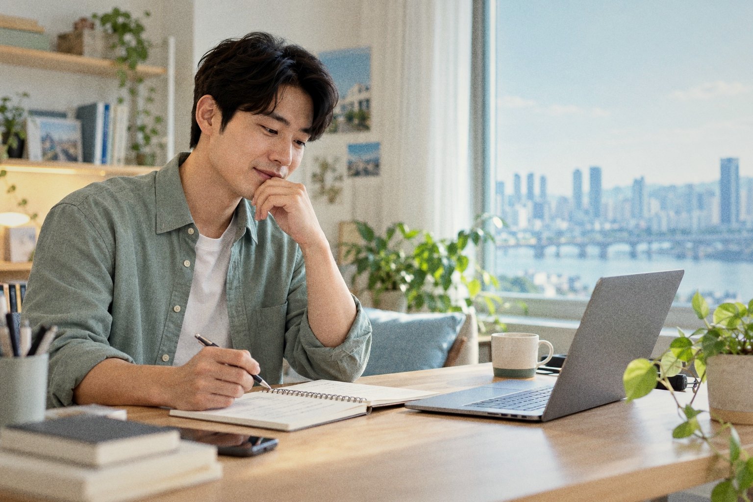 노트와 노트북 앞에서 자신의 공부를 돌아보는 학습 장면 연출 이미지